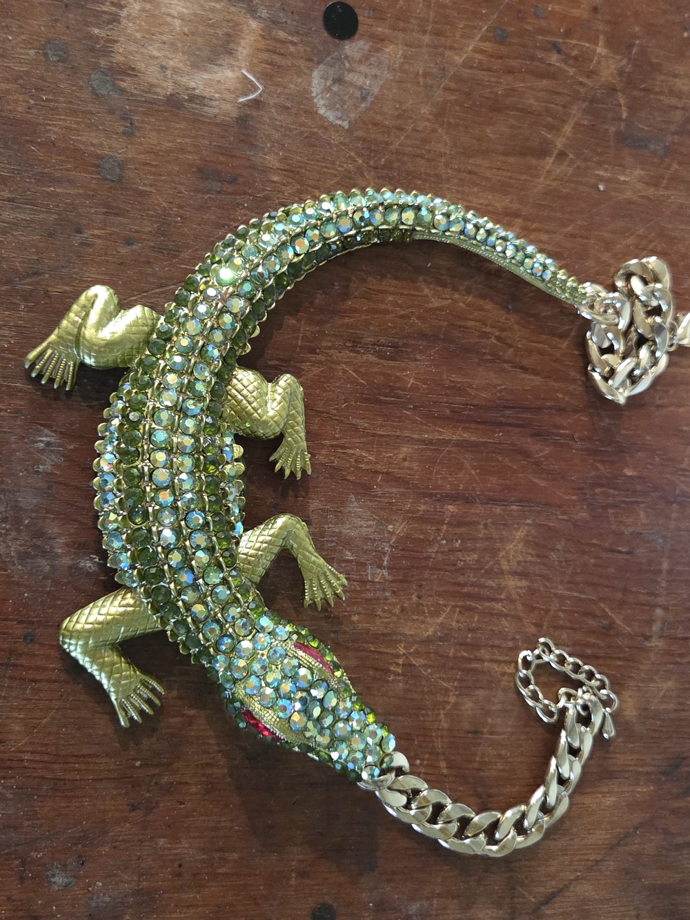 Gold Lizard Statement Necklace with Green Crystals - Picture 2 of 5